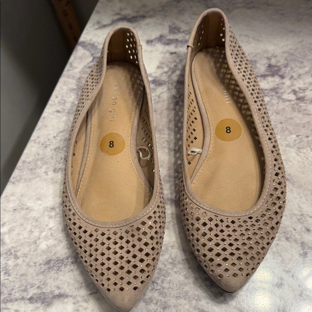 MADDEN GIRL Women's Perforated Crystal Stud Ballet Flats beige size 8